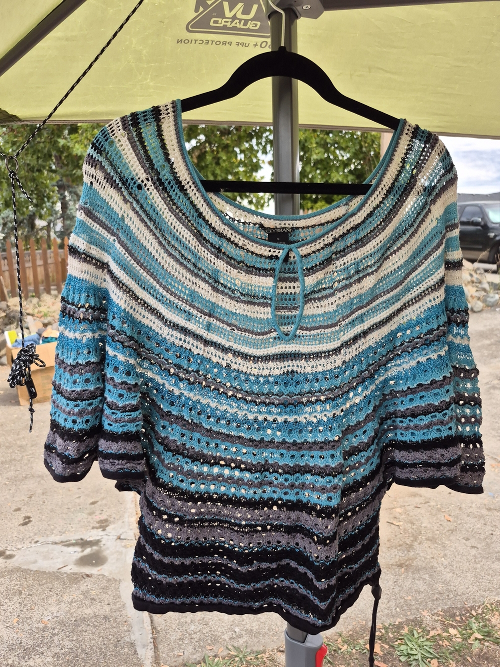 Lucky Brand Striped Open-Knit Poncho Style Women’s Sweater - Teal, Black & White